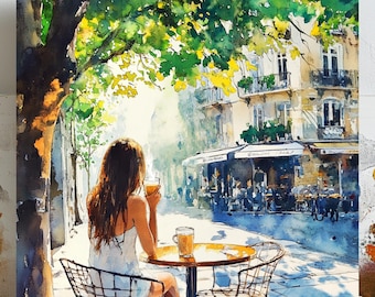 Woman Drinking Coffee Art, Coffee Lover Wall Art, European Cafe Print, Paris Cafe Poster, Vintage Coffee Decor, Cozy Kitchen Art, Wall Art