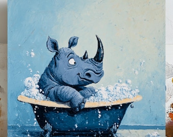 Rhino In Bathtub, Canvas Or Poster, Bathroom Decor, Funny Animal Wall Art, Modern Decor, Kids Bathroom Decor, Rhino Wall Hanging, Rhino Art