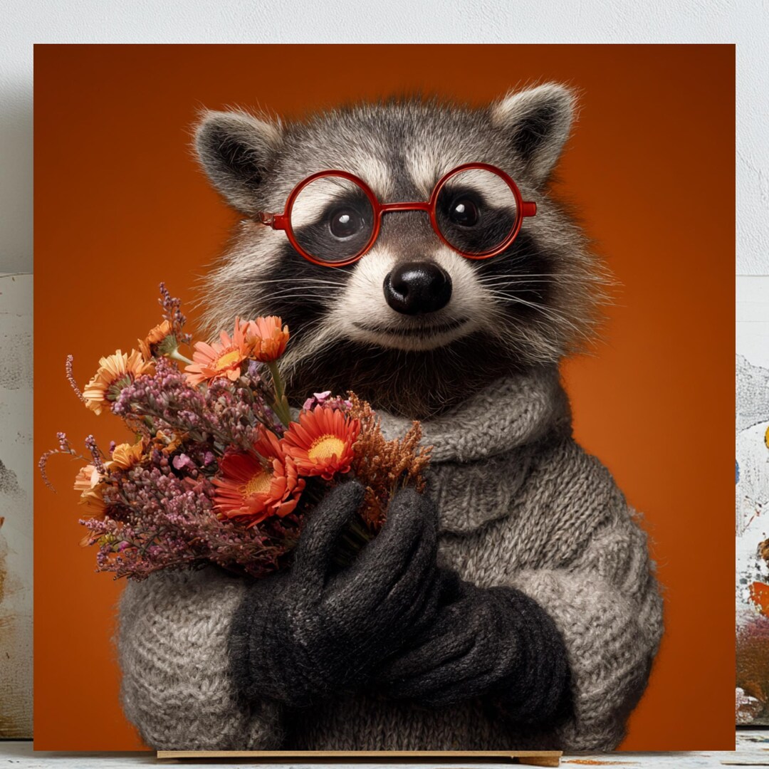 Fall Racoon Decor Raccoon With Flowers Wall Art, Canvas or Poster, Cozy Autumn Animal ...