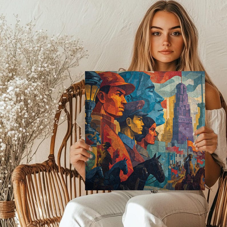 Puede incluir: Impresi&oacute;n art&iacute;stica cuadrada con una ilustraci&oacute;n estilizada y colorida. Representa varias figuras de perfil, un paisaje urbano y caballos, utilizando rojos, azules y amarillos. La obra tiene una composici&oacute;n din&aacute;mica, ideal para la decoraci&oacute;n de paredes.