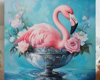 Flamingo Wall Art, Canvas or Poster, Pink Flamingo Decor, Floral Wall Art, Tropical Wall Hanging, Modern Home Decor, Living Room Art
