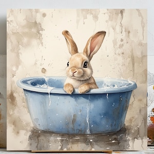 Bunny Wall Art, Cute Rabbit Bathroom Poster, Funny Bunny Print, Kids Bathroom Decor, Rabbit In Bathtub Art, Animal Wall Decor, Wall Art