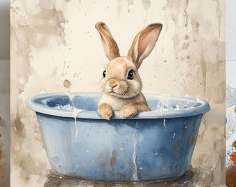 Rabbit In Bathtub, Canvas Or Poster, Bathroom Wall Art, Animal Decor, Bathroom Decor, Nursery Decor, Bunny Wall Art, Rabbit Wall Art Kids