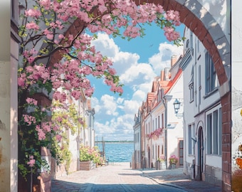Mediterranean Wall Art, Canvas Or Poster, Unique Wall Decor, Living Room Decor, Home Decor, Floral Archway Art, Coastal Scene, Art For Her