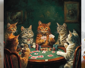 Cat Poker Art, Canvas or Poster, Whimsical Pop Art Decor, Living Room Game Room Office Wall Art, Brown Gold Multicolor Green