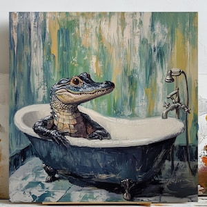 Crocodile in Bathtub Art Print: Quirky Bathroom Decor, Fun Animal Poster or Canvas