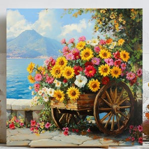 ワイルドフラワーカートアート、素朴な農家の壁装飾、田舎の花の風景プリント、ヴィンテージコテージコアアート、印刷可能な壁アート、ホームデコレーション