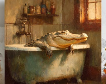 Alligator in bad muurkunst, canvas of poster, badkamer muurdecoratie, rustieke dierenkunst, woonkamer slaapkamer portiek muurkunst, woondecoratie
