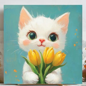 Kitten Wall Art, Cat with Tulips Print, Yellow Flower Poster, Cute Animal Decor, Kids Room Wall Art, Spring Nursery Print, Cat Lover Gift