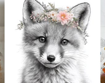 Zorro con flores, lienzo o póster, decoración de pared animal, decoración moderna, pintura floral animal, decoración del hogar, arte de zorro del bosque