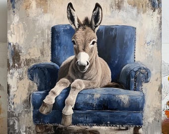 Regal Donkey Repose Art, Canvas or Poster, Animal Farmhouse Decor, Living Room Bedroom Office Entryway Wall Art, Blue Brown Beige Grey