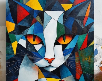 Abstract Cat Wall Art, Canvas Or Poster, Cat Wall Decor, Cat Painting, Living Room Decor, Modern Decor, Animal Decor, Colorful Art, Home Dec