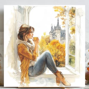 Frau Sitzt am Fenster, Minimalistische Frau Druck, Fensteransicht Poster, Feminine Silhouette Kunst, Ästhetische Wanddekoration, Moderne Kunst, Digitale Wandkunst
