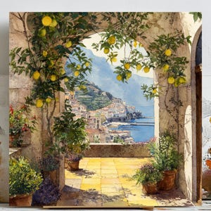 Quadri della Costiera Amalfitana, su tela o poster, decorazioni costiere italiane, decorazioni per il soggiorno, acquerello, vista mediterranea, arredamento per la casa.