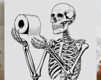 Skeleton Toilet Paper Art, Canvas or Poster, Funny Bathroom Decor, Black and White Skeleton Wall Hanging, Toilet Humor Print, Guest Restroom