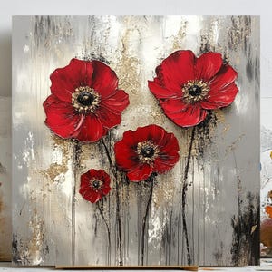 Rote Blumen Wandkunst, Leinwand oder Poster, moderne Blumen Malerei, Blumen Kinderzimmer Dekor, zeitgenössische Kunst, Dekoration, Wohnzimmer Wandkunst