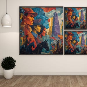 Puede incluir: Un conjunto de tres impresiones art&iacute;sticas enmarcadas. La obra de arte presenta perfiles estilizados de personas, con un paisaje urbano y caballos en el fondo. La paleta de colores incluye tonos de rojo, azul, amarillo y morado.