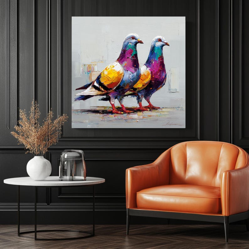 vibrant-pigeons-wall-art-canvas-or-poster-abstract-bird-painting