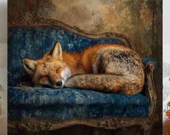 Sleeping Fox on Blue Sofa Art, Canvas or Poster, Rustic Glam Decor, Living Room Bedroom Office Wall Art, Brown Blue Gold Woodland Scene