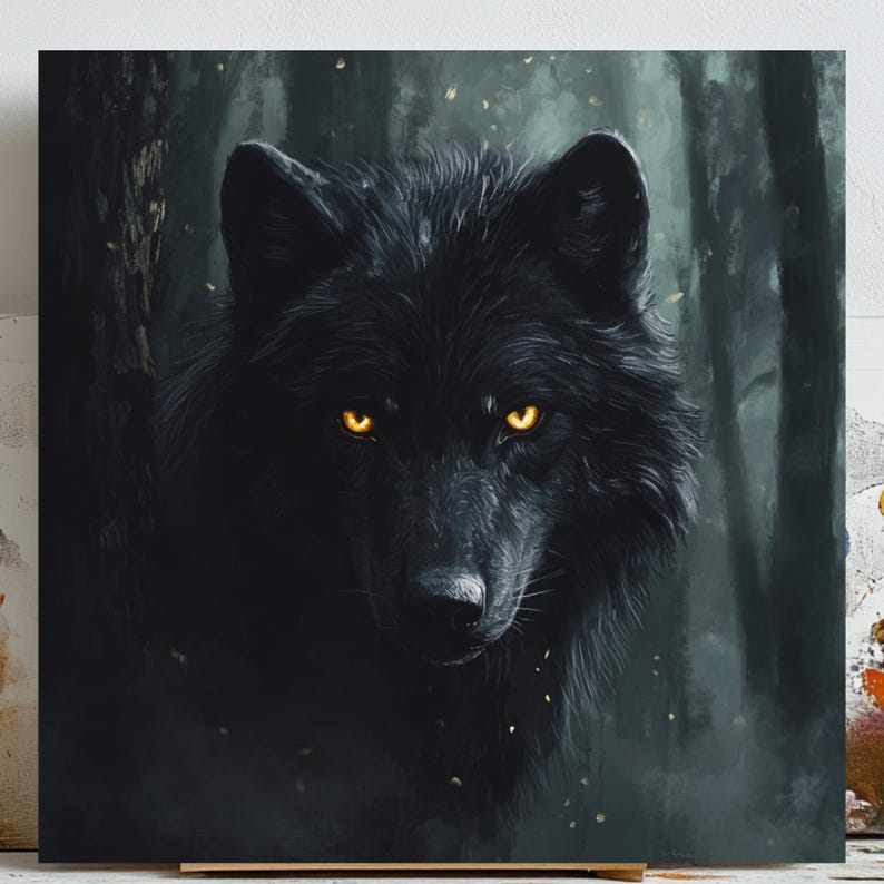 May include: A square canvas print featuring a black wolf with piercing yellow eyes. The wolf is set against a dark, forested background, creating a dramatic contrast. The artwork has a painterly style, with visible brushstrokes.