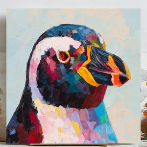 May include: A colorful, impressionistic painting of a penguin's head and upper body. The penguin features a black head with a white stripe, a yellow beak, and a red eye. The artwork uses thick brushstrokes and a palette of blues, reds, and yellows.