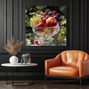 May include: A still life painting featuring a crystal bowl filled with red apples, red and purple grapes. The bowl sits on a table, with a vase of dried flowers and an orange leather armchair in the foreground. The background is a dark wall.
