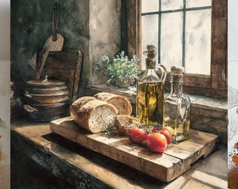 Rustic Kitchen Wall Art, Canvas or Poster, Bread and Olive Oil Still Life Painting, Farmhouse Dining Room Decor, Country Kitchen Wall Art