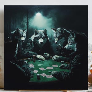 Arte mural de naipes de lobo, póster o lienzo, arte animal, impresión de lobo solitario, arte para sala de juegos, lienzo rústico de lobo, póster de juego de cartas, decoración del hogar