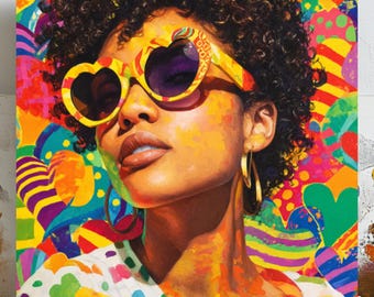 カラフルなポップアートの女性の肖像画：モダンなキャンバスプリント