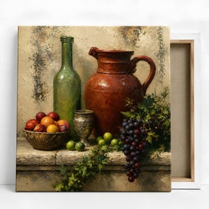 May include: A still life painting on canvas featuring a large brown ceramic pitcher, a tall green glass bottle, a silver goblet, a bowl filled with assorted fruits, and a cluster of dark purple grapes resting on a textured stone ledge.