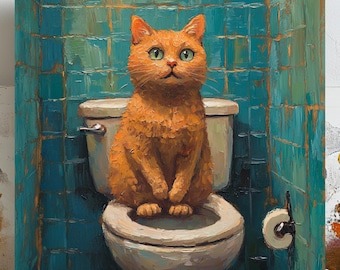 Cat On Toilet Wall Art, Canvas Or Poster, Modern Wall Art, Animal Decor, Bathroom Decor, Living Room Decor, Funny Cat Wall Hanging, Cat Art