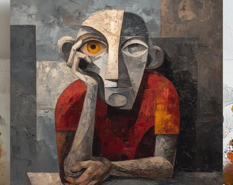 May include: Abstract oil painting of a pensive figure. The figure has a geometric face, with one half white and the other gray. The figure wears a red shirt and rests their chin on their hand. The background is a mix of gray and brown.