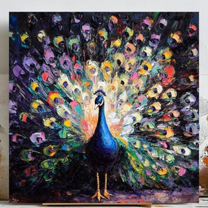 Arte mural de pavo real vibrante, estampado de aves coloridas, decoración exótica de pavo real, arte mural bohemio, póster de aves tropicales, arte imprimible de pavo real, arte natural