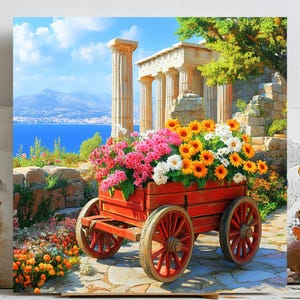 Blumenkarre Wandkunst, Poster oder Leinwand, Cottagecore Dekor, Ruinen Wanddekor, mediterrane Kunst, Esszimmer Kunst, Dekoration, Wand Kunst Geschenk