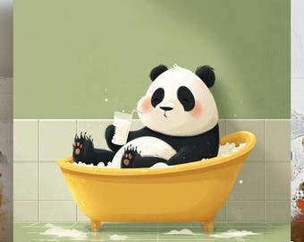 Panda in der Badewanne, Leinwand oder Poster, Badezimmer Wandkunst, süßes Tier Wanddekor, wunderlicher Panda Druck, entspannende Badeszene, Kinderbadezimmer