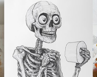 Funny Skeleton Toilet Paper Print: Spooky Bathroom Poster or Canvas