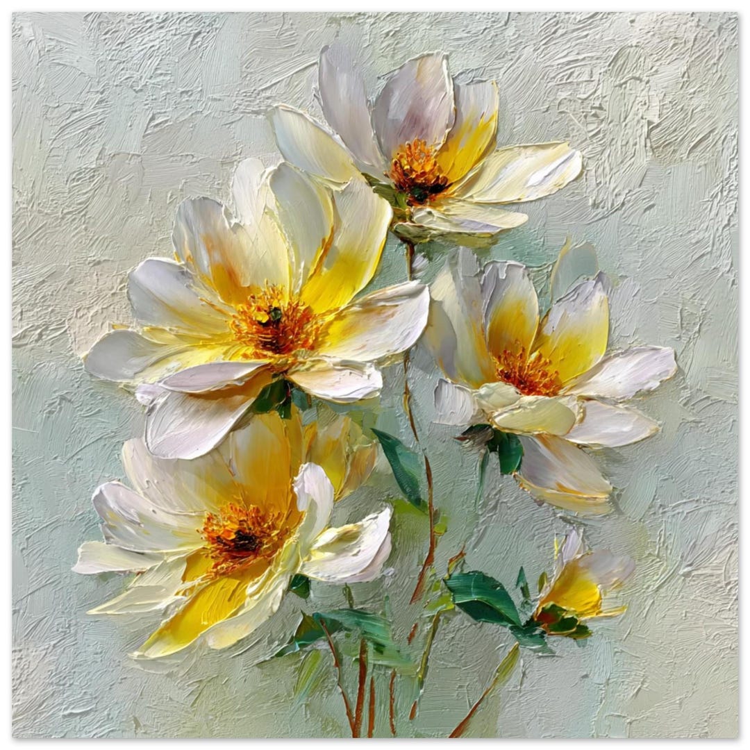 White and Yellow Floral Wall Art, Canvas or Poster, Textured Flower ...