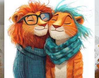Romantic Lion Couple Art Print: Whimsical Animal Love Poster