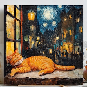 Arte mural de gato pelirrojo, impresión de noche estrellada, arte estilo Van Gogh, gato en el alféizar de la ventana, arte mural imprimible, arte mural digital, decoración del hogar, arte mural
