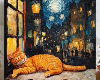 Ginger Cat Wall Art, Starry Night Print, Van Gogh Style Art, Cat on Windowsill, Printable Wall Art, Digital Wall Art, Home Decor, Wall Art