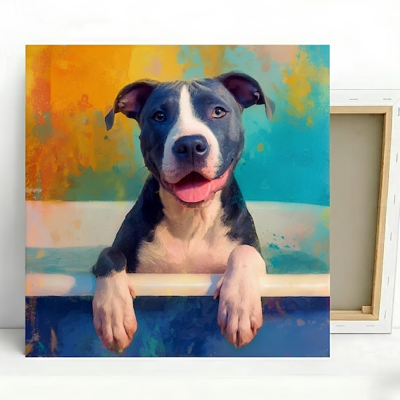 Pitbull In Bathtub Wall Art, Canvas Or Poster, Funny Dog Bathroom Decor, Vibrant Animal Art, Pitbull Lover Gift, Staffy Art,Modern Dog Decor