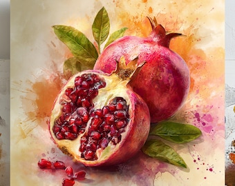 Pomegranate Wall Art, Canvas or Poster, Fruit Painting, Kitchen Dining Room Wall Art, Botanical Decor, Red Still Life Artwork, Home Decor