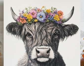 Floral Highland Cow Art, canvas of poster, koe muur hangen, kunst aan de muur woonkamer, decor moderne boerderij, thema rustiek landhuis,