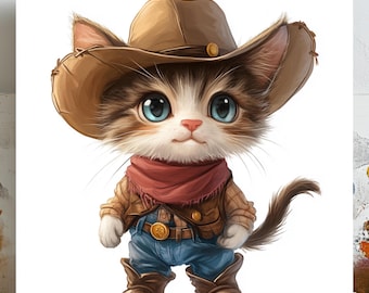 Cowboy Cat Wall Art, Canvas or Poster, Western Nursery Decor, Cute Kitten Illustration, Kids Room Wall Art, Animal Lover Gift, Home Decor
