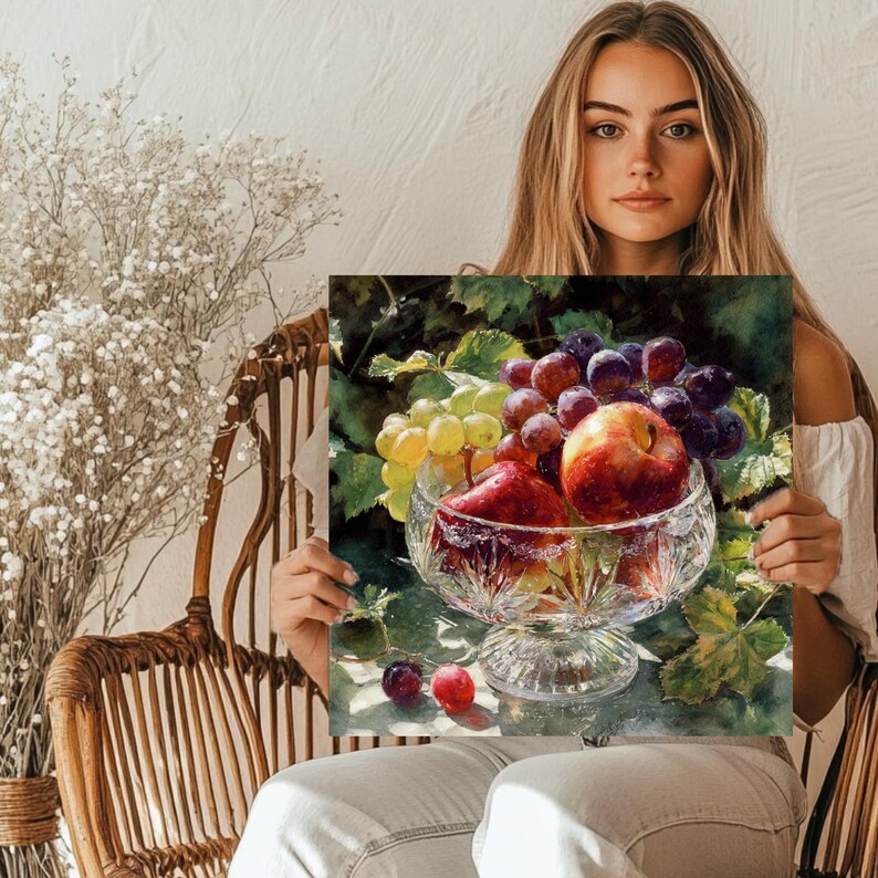 May include: A watercolor painting of a crystal bowl filled with red apples, green and purple grapes. The bowl sits on a reflective surface, with green leaves in the background. The painting is held by a person.