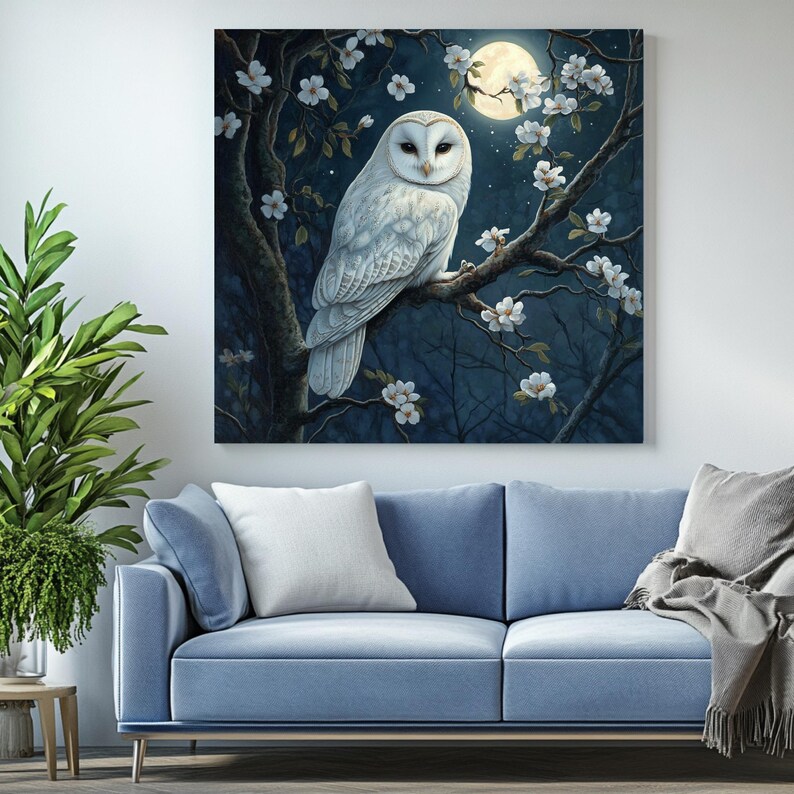 White Owl Wall Art, Canvas Or Poster, Animal Decor, Modern Wall Art, Contemporary Design, Whimsical Owl Art, Living Room Decor, Home Decor image 4