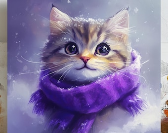 Winter Kitten In Scarf, Canvas Or Poster, Kids Decor, Animal Decor, Living Room Decor, Cozy Winter Wall Hanging, Cute Cat Art, Cat Wall Art