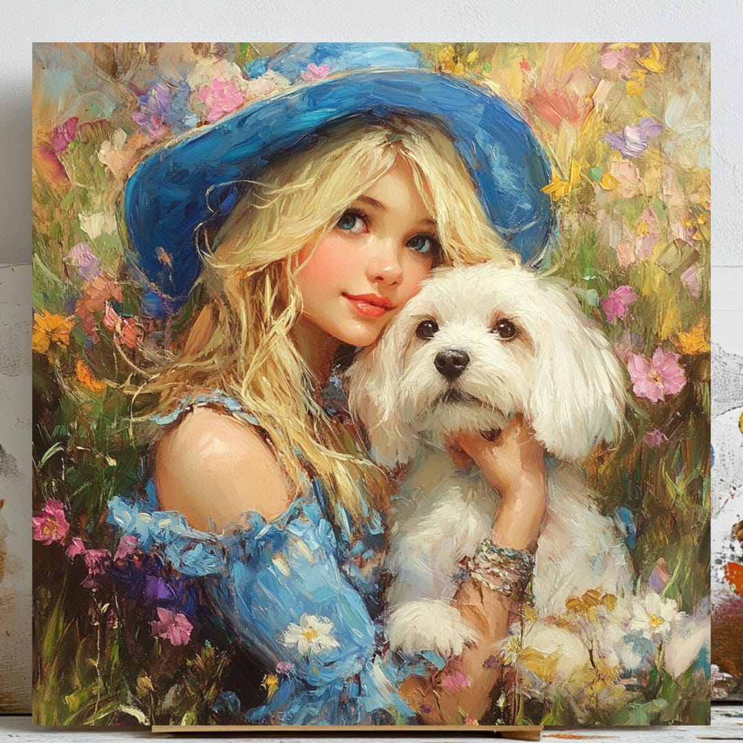 Blonde Woman and White Dog Canvas or Poster, Feminine Portrait Wall Art ...