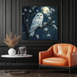 White Owl Wall Art, Canvas Or Poster, Animal Decor, Modern Wall Art, Contemporary Design, Whimsical Owl Art, Living Room Decor, Home Decor image 3