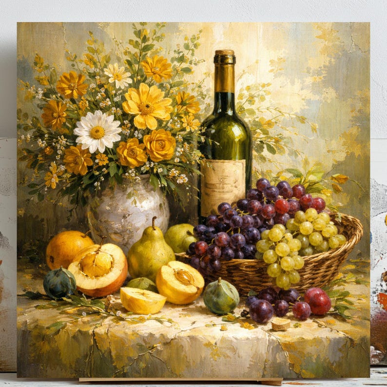 Still Life Wine Wall Art, Fruit Basket Painting, Canvas or Poster ...